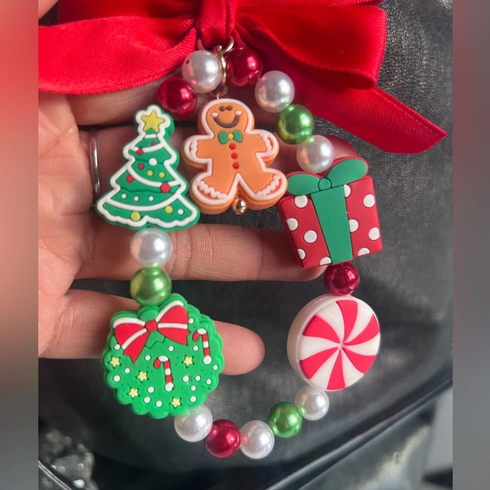 Christmas Beaded  silicone Bracelet Keychain  with Red Bow